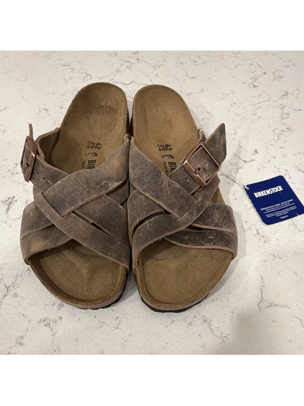 Birkenstock Lugano Unisex Brown Leather Slide Sandals Buckle M9/W11 EU42
